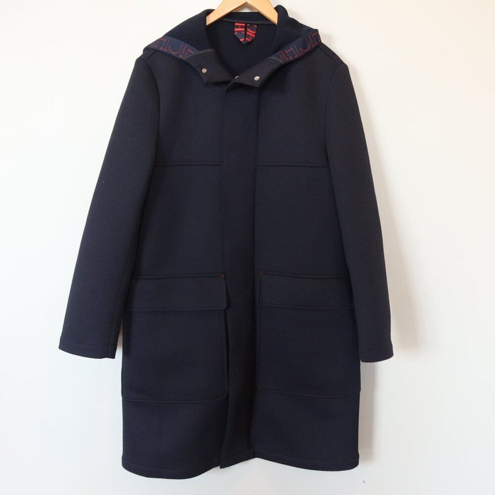 CAROLINA HERRERA scuba jacket long navy pockets XS logo classic designer FLAW